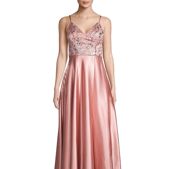 Sequin Hearts Dresses & Skirts - Rose Gold Satin Sequin Gown with Leg Slit